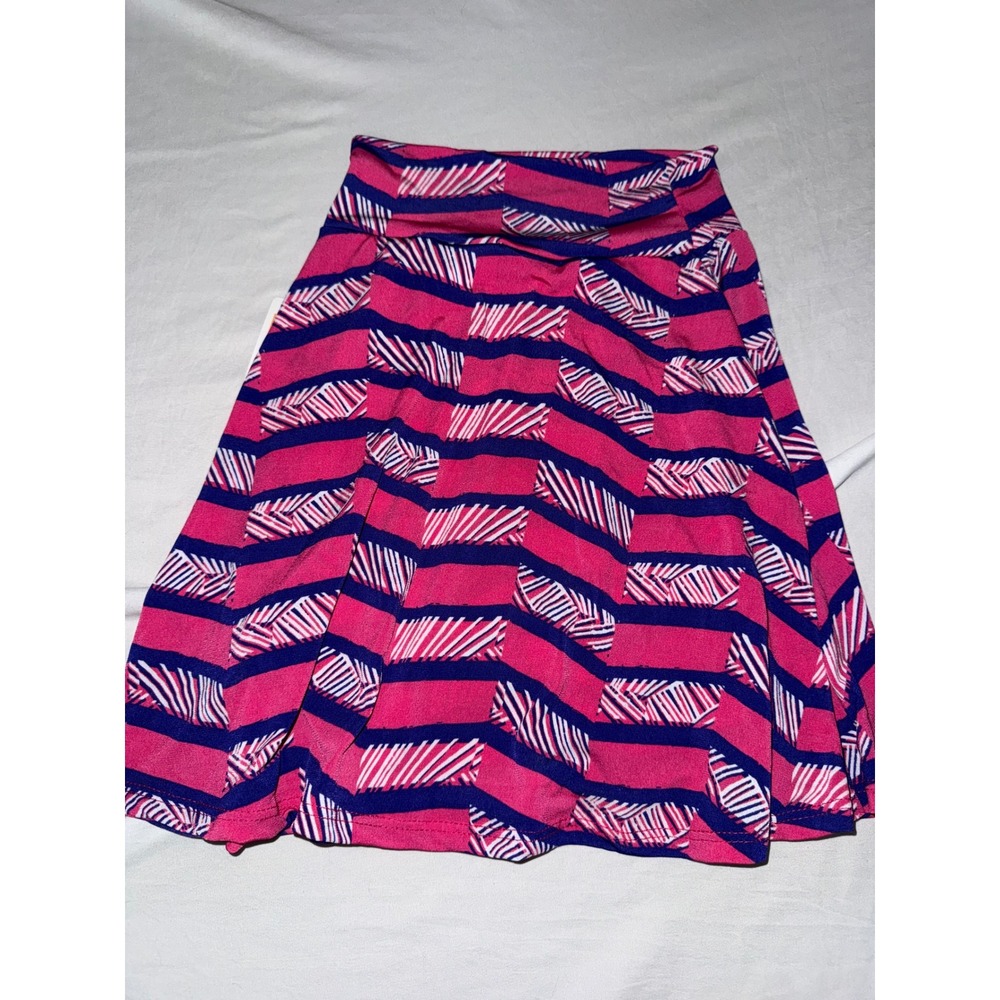 LuLaRoe Kids Azure Skirt Pink Navy Blue Striped Geometric A-Line Size 4 NWT